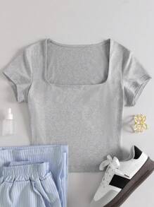 INAWLY 女士夏季修身百搭短袖T恤 - 灰色 - 查看 1