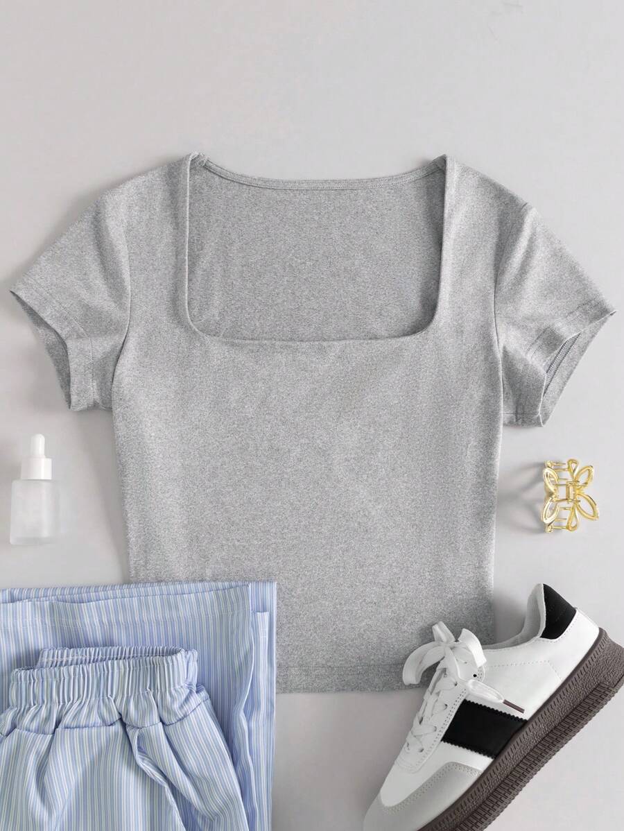 INAWLY 女士夏季修身百搭短袖T恤 - 灰色 - 查看 1