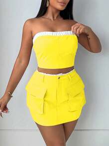 Zolique 2 Pieces Set: Contrast-Trim Bandeau Crop Top & Pocket Skirt - Yellow - View 4