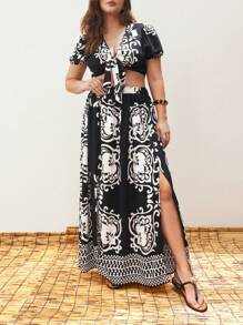Maija Plus Size Women's Black And White Print V-Neck Tie Front Crop Top & High Slit Swing Skirt 2pcs Set,Summer Elegant Boho Vacation Holiday Beach Outfits - Black and White - View 3