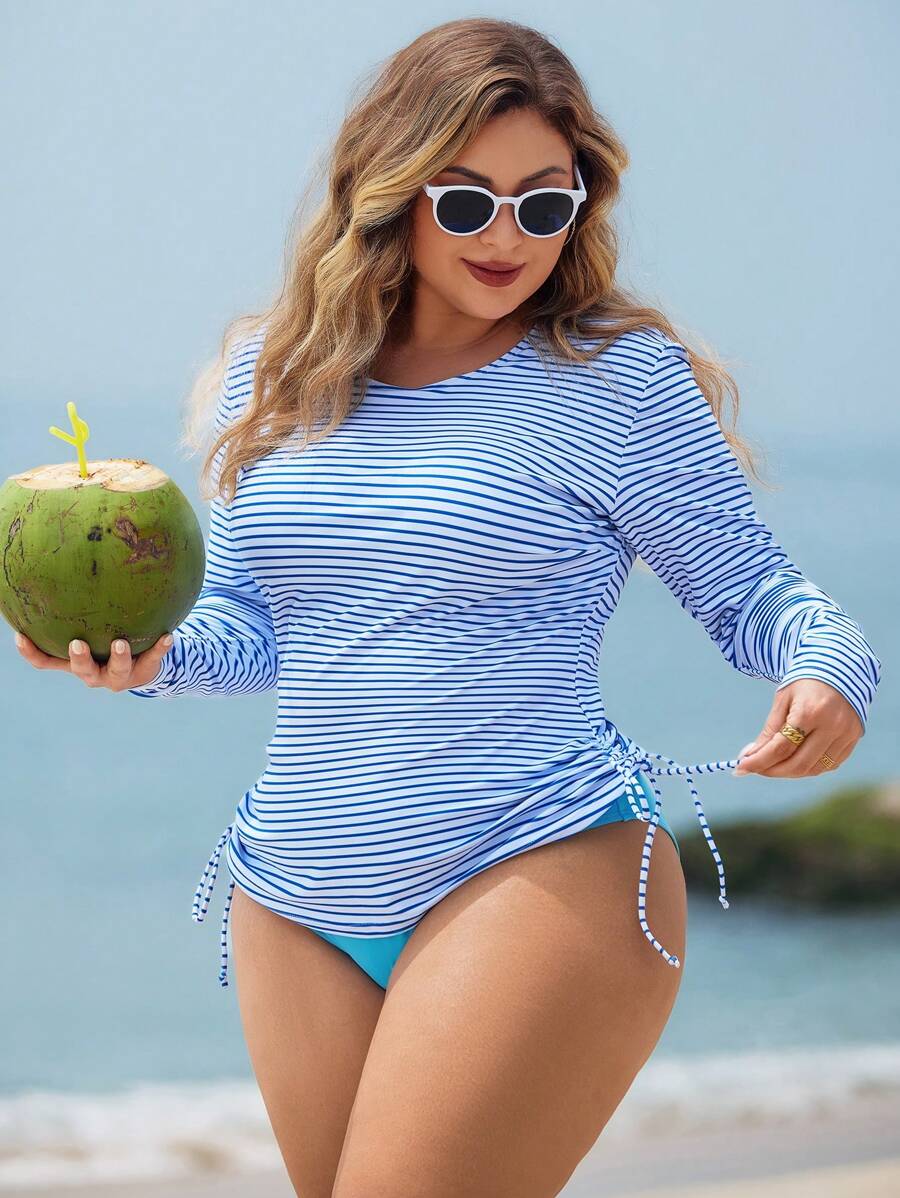 Swim Lushoire 2pcs/Set Plus Size Women Striped Long Sleeve Gathered Waist Tummy Control Swimsuit, Mature Fashion Casual Resort Wear For Summer Beach Vacation - Blue - View 1