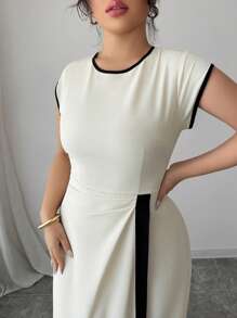 SHEIN Unity Vestido midi de talla grande para mujer con cuello redondo, manga corta, línea A, de color liso y detalle de ribete en contraste, para primavera/verano, con estilo elegante minimalista francés, para oficina, negocios, casual y tarde de té - Albaricoque - Ver 4