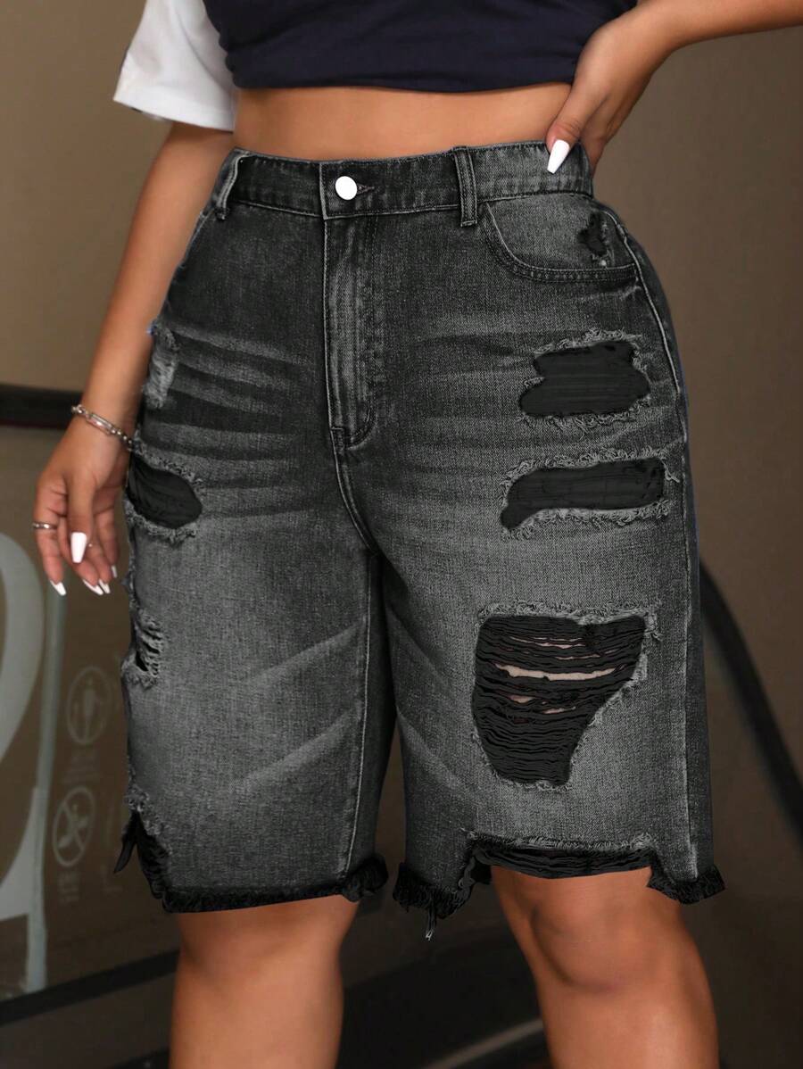 SHEIN ICON 大码牛仔短裤，夏季时尚