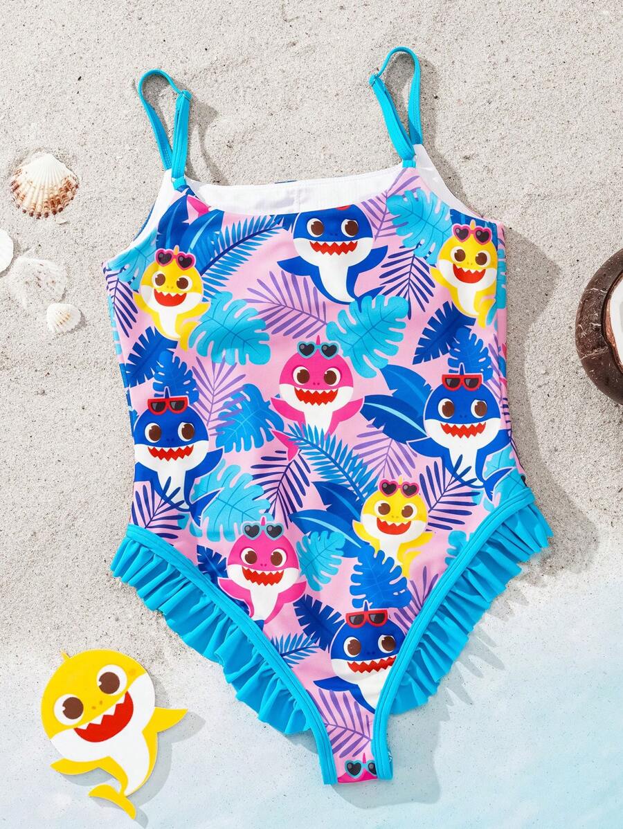 BABY SHARK X SHEIN Traje de baño de una pieza con diseño de tiburón y volantes para niña preadolescente en vacaciones de verano - Rosa - Ver 1