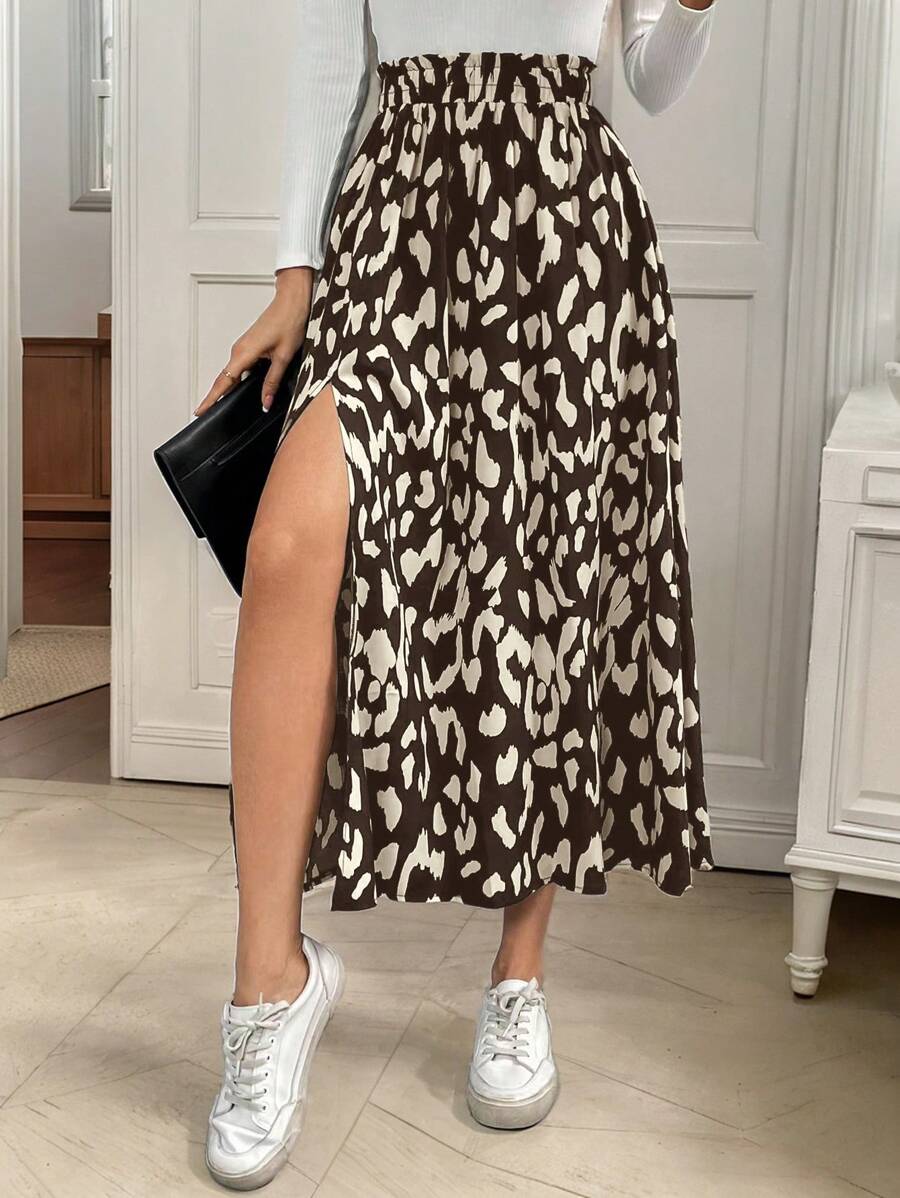 SHEIN Frenchy Allover Leopard Print Split Thigh Skirt Winter - Multicolor - View 1