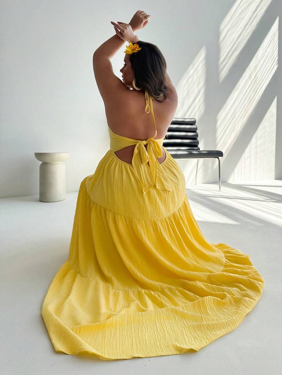 Firerie Đầm hở lưng bằng vải chiffon cỡ lớn cho nữ có dây buộc sau lưng, thích hợp cho kỳ nghỉ, đám cưới, tiệc tùng, đi chơi, hẹn hò ở bãi biển - Màu vàng - Xem 1