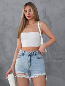 EURMUSE Ripped Raw Hem Denim Shorts - Light Wash - View 4