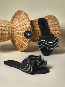 SHUZIA Wide Fit Women's Ruffle Chiffon Fashionable Flat Sandal - Black - View 1