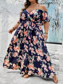 SHEIN CURVE+ Plus Size Romantic Floral Print Wrap Collar Summer Boho Dress, Curve Plus, Boho Vacation Beach Outfits For Woman/Beach Dress/Beach Vacation Outfits/Beach Essentials / Graduation/Tea Party Dress