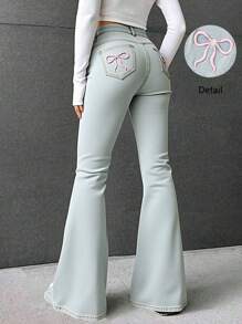 Sparklyn Quần jeans ống rộng cạp cao có thể điều chỉnh co giãn cho bé gái/trẻ vị thành niên thường ngày dạo phố thanh lịch & dễ thương Y2K màu xanh nhạt retro hồng thêu nơ - Rửa nhẹ - Xem 12