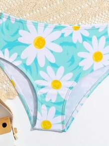 SHEIN Conjunto de bikini con estampado de margaritas para niña, verano playa - Verde - Ver 4