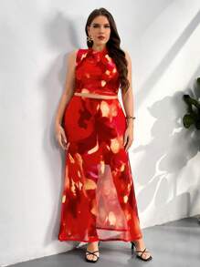 Firerie Plus Size Women Summer New Comfortable Casual Elegant Daily Holiday Beach Hawaiian Date Party Pool Side Tulle Tie-Dye Random Print Stretchy Camisole And Stretchy Fish Tail Skirt 2 Pieces Set