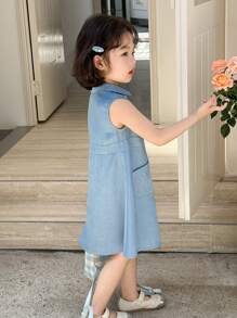 SHEIN 年轻女孩休闲牛仔领纽扣前无袖连衣裙 - 藍色 - 查看 5