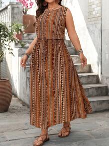 SHEIN Holidaya Plus Size Women Sleeveless Drawstring Waist Black & Apricot Midi Dress, Cooling Dress, Stress Relief Outfit, Elegant Fashion Evening Long Gown, Summer Outfits For Women, St. Patrick's Day, Rave Outfits, Spring Break Outfits, Boho