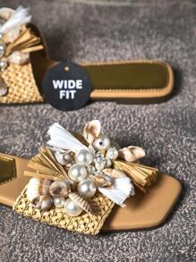 SHUZIA Angesagteste Damen Frühling Sommer Quadratische Zehenkappe Seeschnecken Perlen Dekor Strand Urlaub Sandale Naturfarbe Breite Füße