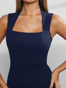 Hauture 纯色优雅无袖阔腿拉链连体裤 - 藍色 - 查看 2