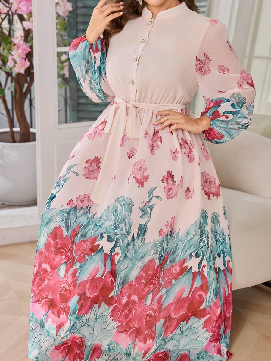 Modelyn Women Plus Size Stand Collar Lantern Sleeve Chiffon Cinched Waist Flared Elegant Floral Print Midi Dress - Multicolor - View 1