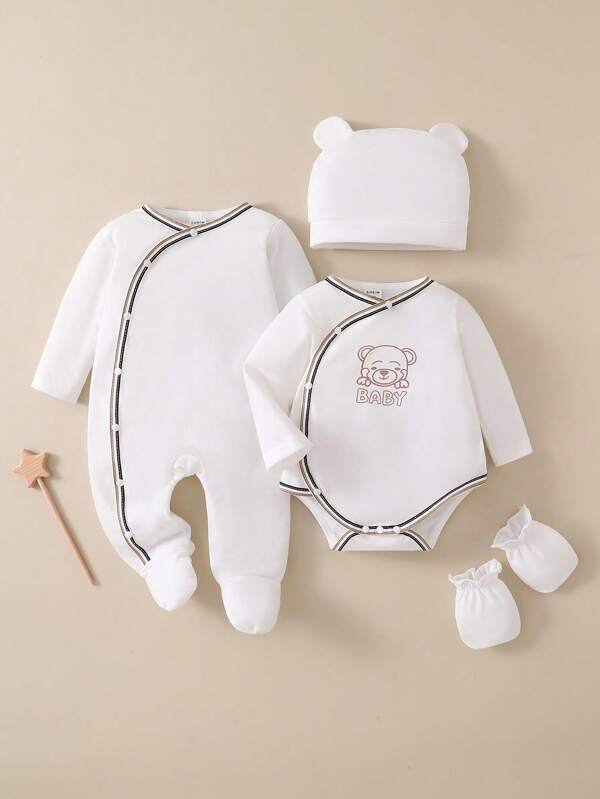 Ensemble de tenue de maison comprenant un body à manches longues avec motif d'ours mignon sur base blanche, avec chapeau, gants et combinaison à manches longues pour nouveau-né