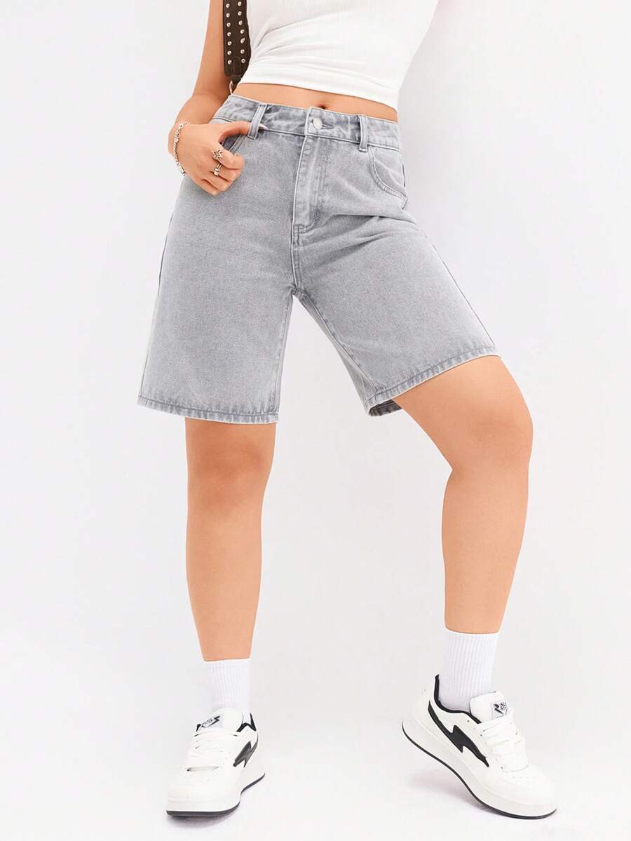 SHEIN PETITE Quần short denim túi thời trang giản dị đơn giản dành cho nữ, phù hợp cho mùa hè - Màu xám đen - Xem 1