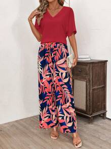 SHEIN Clasi Conjunto de 2 piezas con estampado amarillo: Camiseta de manga corta de cuello en V de unicolor y pantalones largos, de moda para el verano