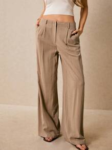 Poéselle 女士休闲宽松斜口袋阔腿裤 - 咖啡棕 - 查看 1