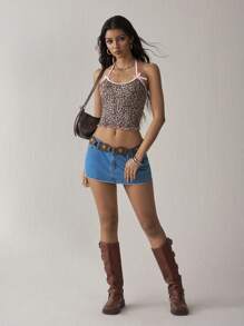 SHEIN EZwear Leopard Print Knitted Women's Cropped Slim Fit Halter Neck Top With Bow Decoration