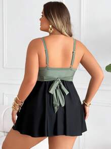 SHEIN CURVE+ Traje de baño de 2 piezas talla grande para mujer, vestido de baño tipo tankini con cintura alta elástica de unicolor, estilizador y modesto para la piscina y aguas termales