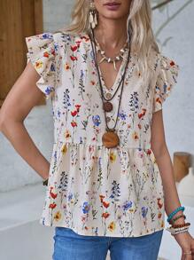 LanaWest Blusa casual da donna con scollo a V e stampa floreale, maniche a volant, adatta per uso quotidiano e vacanze