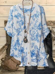 EMERY ROSE New Design Retro Artistic Tie Dye Print Crew Neck Lightweight Sweater For Women, Spring/Summer - White - View 7