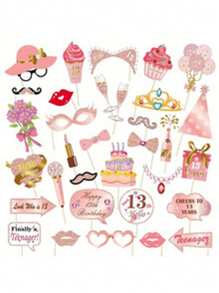 33 件玫瑰金闪光生日照片亭道具套件，DIY 趣味生日快乐照片道具套装，适用于女性装饰品（带棍棒），生日派对装饰品及用品，圣诞节 - 彩色 - 查看 13