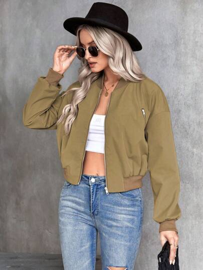 SHEIN LUNE 落肩袖拉鏈開襟飛行員夾克