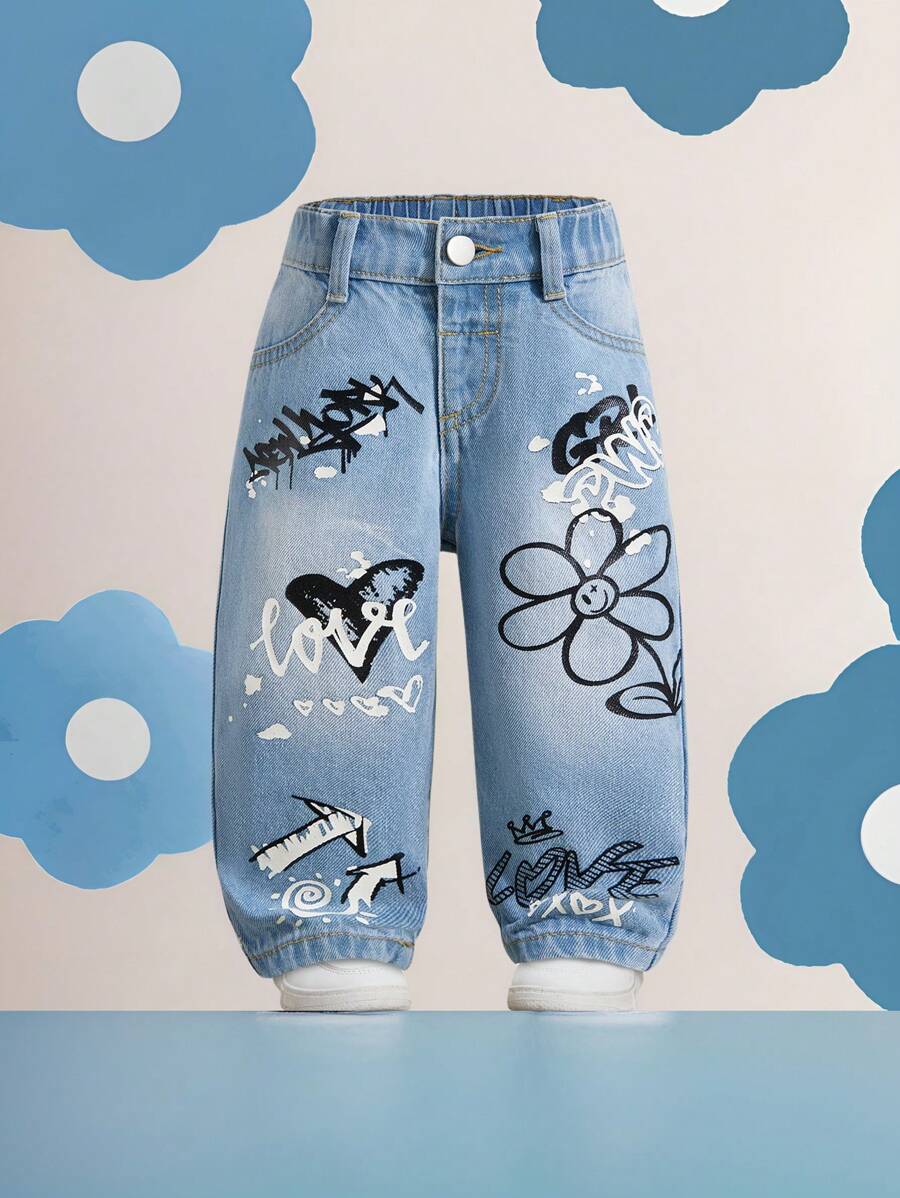 Celana Jeans Denim Medium Wash untuk Bayi Perempuan dengan Motif Grafiti yang Lucu dan Panjang - Medium Wash - View 1
