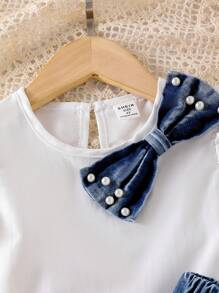 Elladie kids 2pcs Small Girls' Unique Pearled Bowknot Sleeve Top & Denim Shorts Set,Cute Sweet Summer Outfit Summer Holiday