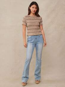 WESTFADE Country Western Cowgirl Spring Floral Ruffle Lace Crewneck Fitted Sheer T-Shirt Cute Summer Top - Brown - View 4