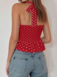 Breezaya 女式夏季V领无袖波点荷叶边下摆度假音乐节背心 - 紅色 - 查看 2