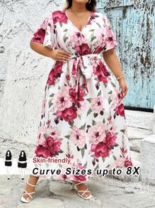 SHEIN CURVE+ Váy rút dây rộng rãi họa tiết hoa lớn cổ điển giản dị cỡ lớn, phù hợp cho mùa xuân/hè, cong hơn, kỳ nghỉ Boho, váy bồng bềnh, váy chống nắng cho phụ nữ trang phục đi biển cho phụ nữ/váy đi biển/trang phục nghỉ mát trên bãi biển/đồ dùng cần thiết cho bãi biển/váy tốt nghiệp/váy tiệc trà trang phục mùa hè/đồng quê/kỳ nghỉ trên bãi biển/trang phục đi biển/đồ mặc đi biển - Nhiều màu - Xem 1
