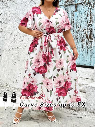 SHEIN CURVE+ Casual Retro Large Floral Pattern Loose Plus Size Drawstring Dress, Suitable For Spring/Summer, Curve Plus, Boho Vacation, Flowy Dress, Sun Dresses For Women Beach Outfits For Woman/Beach Dress/Beach Vacation Outfits/Beach Essentials / Graduation/Tea Party Dress Summer/Country/Beach Vacation Outfits/Beach Outfits/Beach Wear
