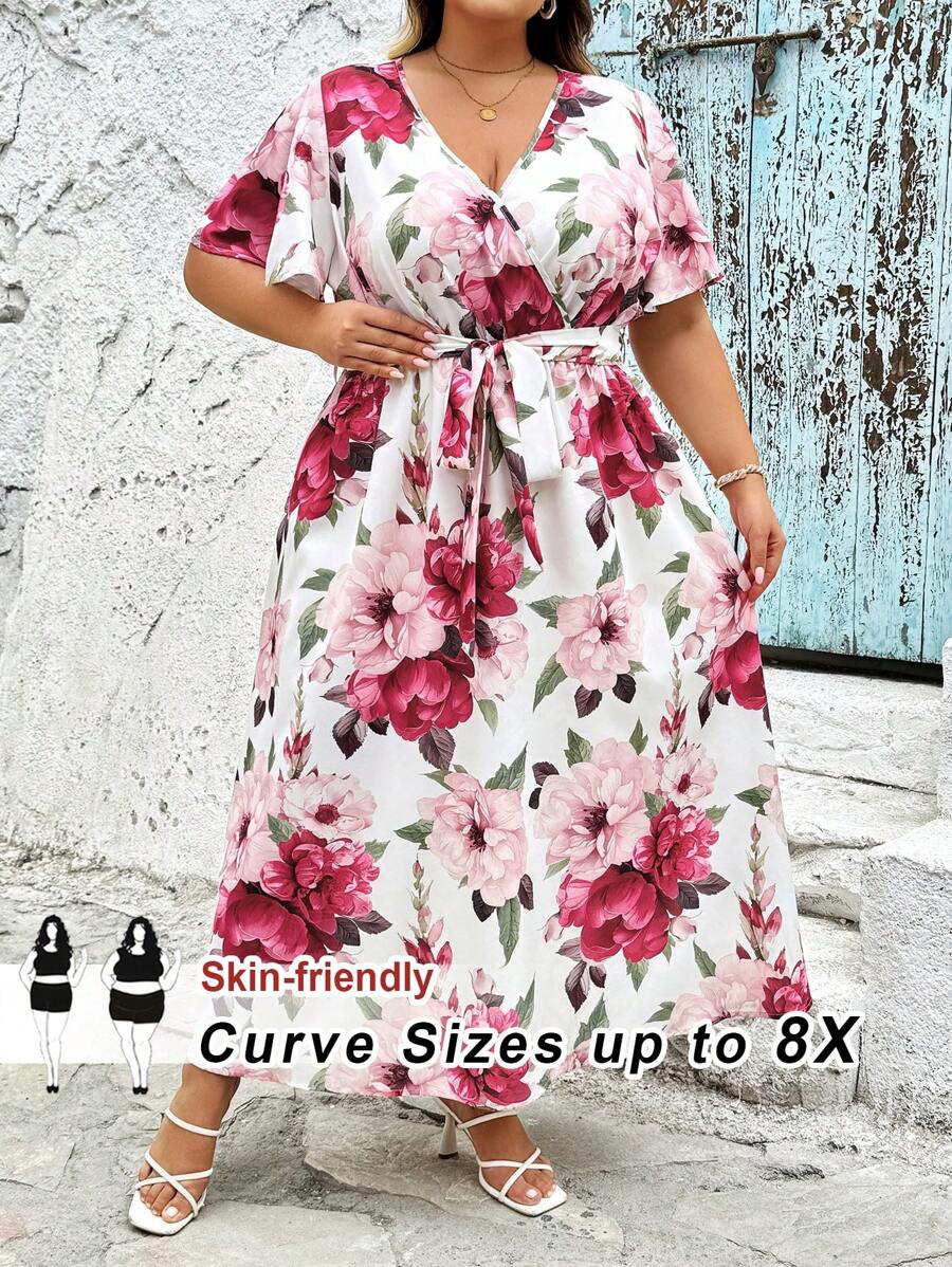SHEIN CURVE+ Váy rút dây rộng rãi họa tiết hoa lớn cổ điển giản dị cỡ lớn, phù hợp cho mùa xuân/hè, cong hơn, kỳ nghỉ Boho, váy bồng bềnh, váy chống nắng cho phụ nữ trang phục đi biển cho phụ nữ/váy đi biển/trang phục nghỉ mát trên bãi biển/đồ dùng cần thiết cho bãi biển/váy tốt nghiệp/váy tiệc trà trang phục mùa hè/đồng quê/kỳ nghỉ trên bãi biển/trang phục đi biển/đồ mặc đi biển - Nhiều màu - Xem 1