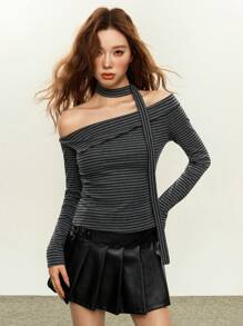 女款 American Chic 不对称肩长袖 T 恤 - 灰色 - 查看 6