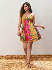 Maija Plus Size Women's Pink Floral Tropical Print V-Neck Adjustable Strap Summer Boho Vacation Holiday Dress,Elegant Bohemian Beach Ruffles A-Line Outfits - Multicolor - View 4