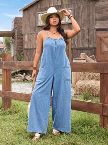 Breezaya Plus Size Solid Color Pocket Sleeveless Sexy Backless Denim Jumpsuit - Light Wash - View 5