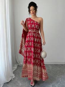 Elenzga 不对称花卉印花红色底金色金属饰边连衣裙，法式优雅宽松飘逸收腰 A 字型秋千连衣裙，适合夏季假期 - 紅色 - 查看 4