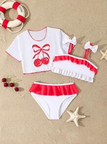 Young Girl 3pcs Set Red Cherry Print Swimsuit With Positioning Print - Red - View 2
