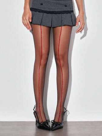 Academia 1 Pair Dark Red Vertical Stripe Black Tights