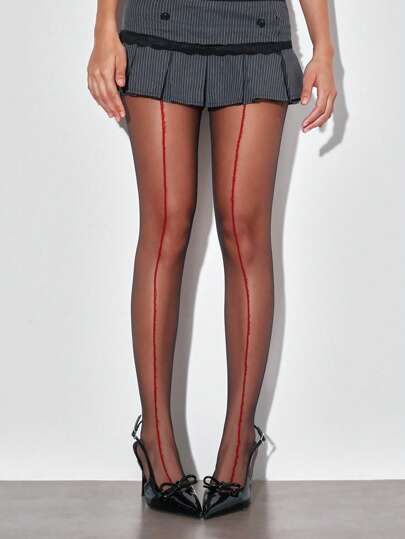 Academia 1 par de medias negras con rayas verticales de color rojo oscuro