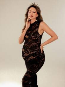 SHEIN Elegant Maternity Summer Lace See-Through Photo Shoot Dress For Maternity Photoshoot - Black - View 6