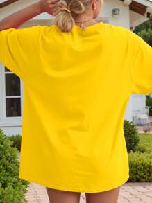 Flirla Plus Size Summer Casual Cartoon Print Round Neck Short Sleeve T-Shirt - Yellow - View 2
