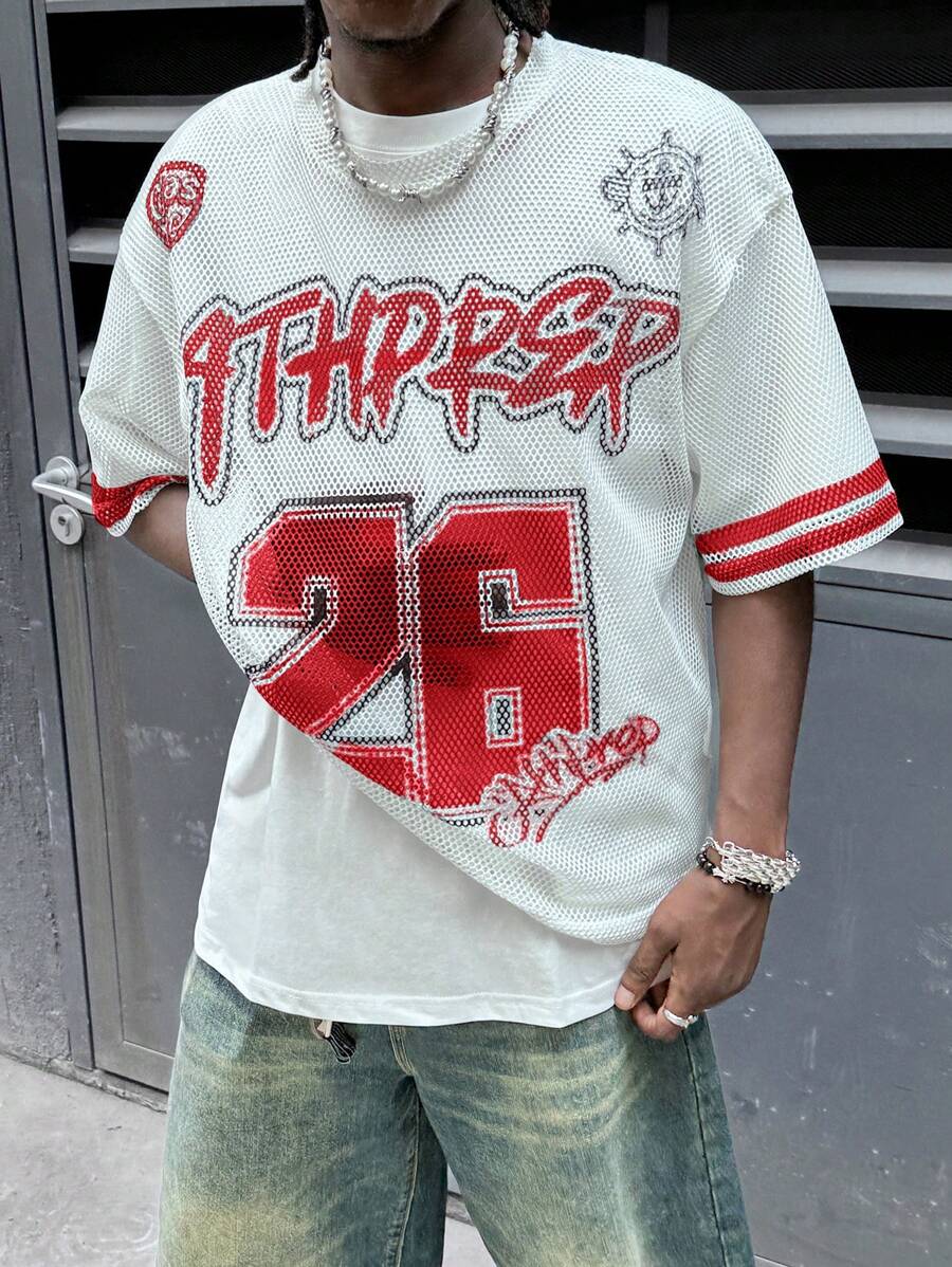 SHEIN 1pc Teen Boy's Loose Dropped Shoulder Letter Print Mesh Short Sleeve T-ShirtSpring Wear; Teen Boys' Clothing; Teen Boy' Jackets, Spring Back To School