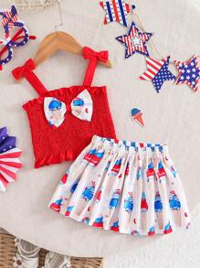 SHEIN 2pcs/Set Baby Girl Summer Red Spaghetti Strap Bowknot Crop Top And Red/Blue/White Ice Cream Pattern Mini Skirt, Suitable For Casual Outings, Parties, Independence Day,4th Of July - Red - View 2