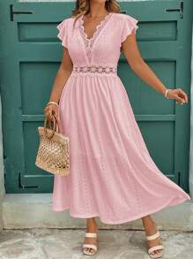 Vestido de primavera/verano para mujer de talla, vestido corte evasé con mangas de campana, cuello y cintura con encaje elástico jacquard blanco, vestidos de verano para mujer, vestido fluido - Rosa - Ver 4
